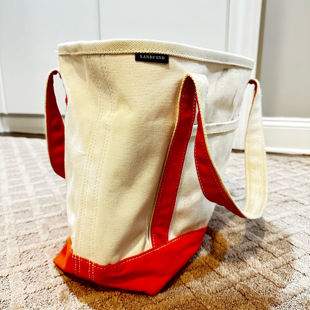 Lands' End | Medium | Natural/ Vivid Orange 5 Pocket Open Top Canvas Tote Bag